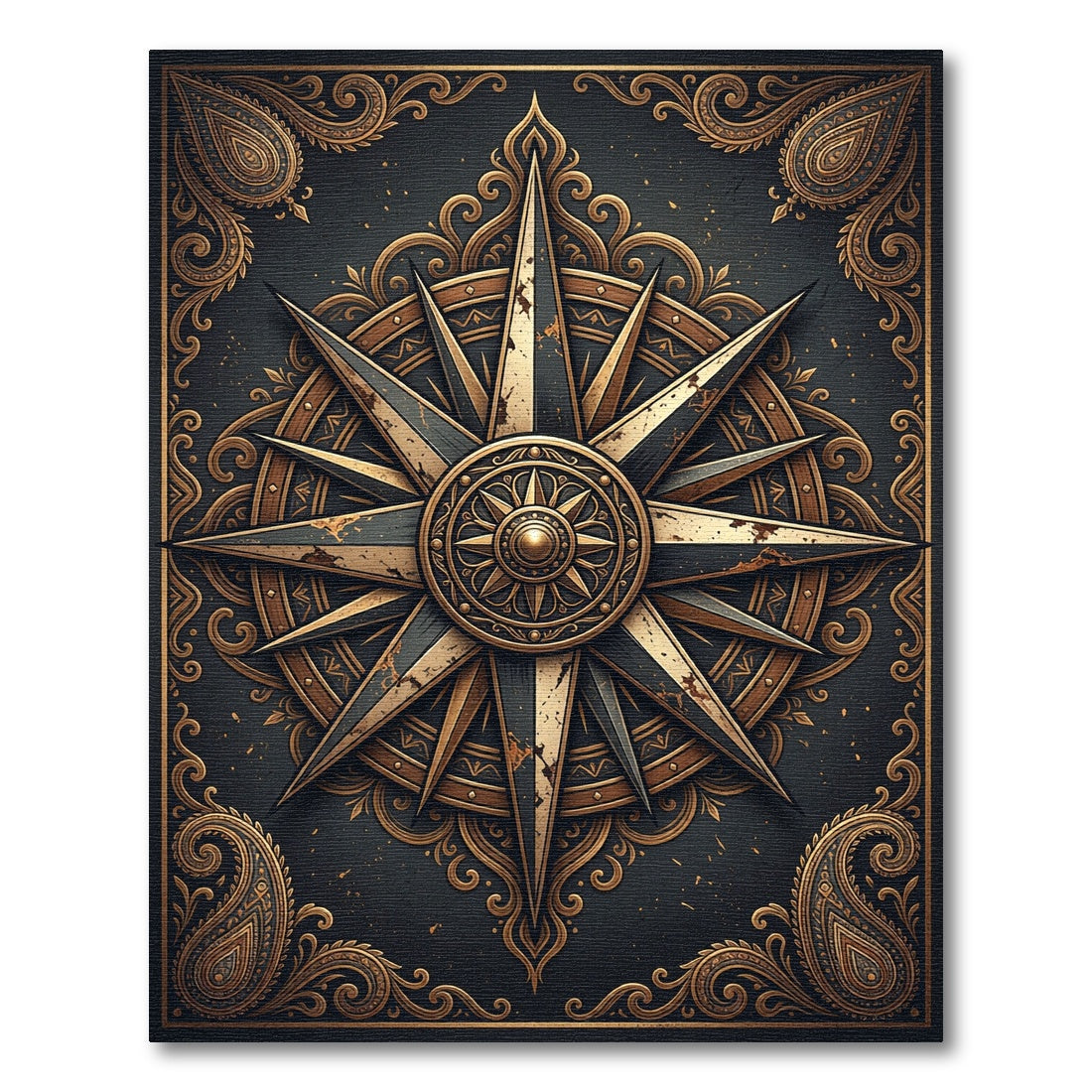 Vintage Gold Compass Star Medallion Rug