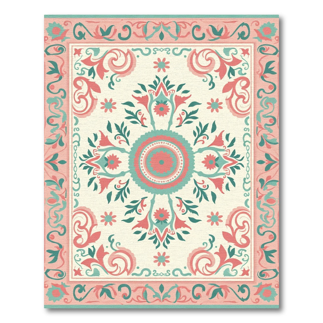 Coral Mint Medallion Floral Border Rug