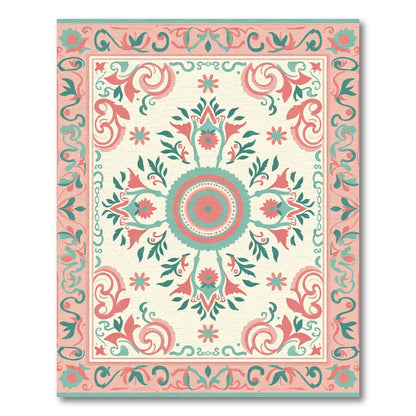 Coral Mint Medallion Floral Border Rug