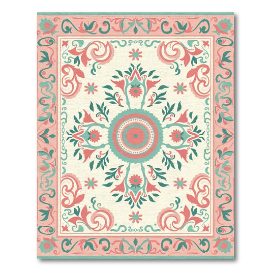 Coral Mint Medallion Floral Border Rug