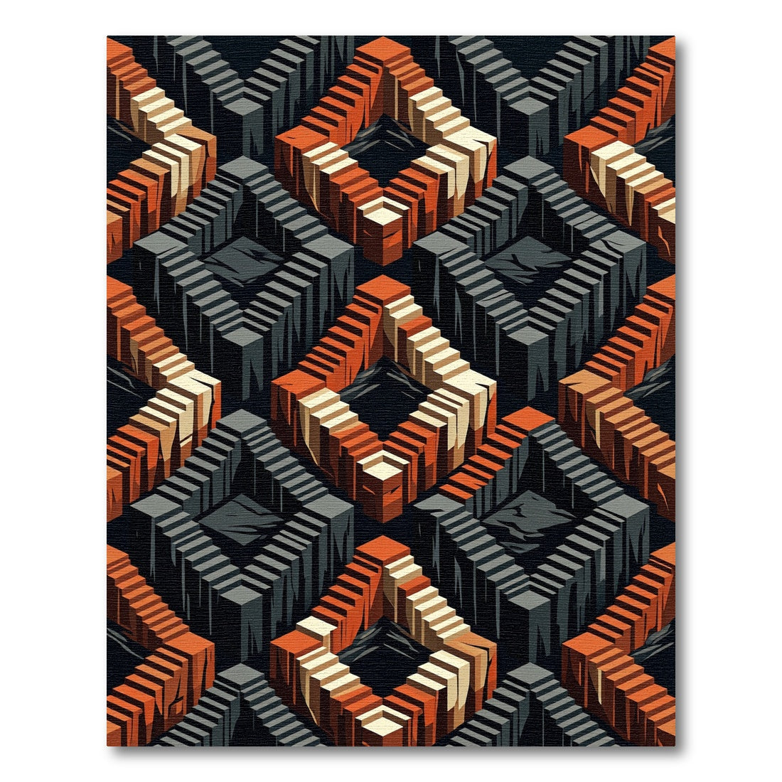 Isometric Orange Gray Cubic Maze Rug
