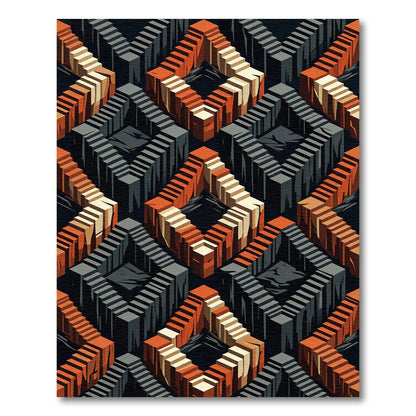 Isometric Orange Gray Cubic Maze Rug