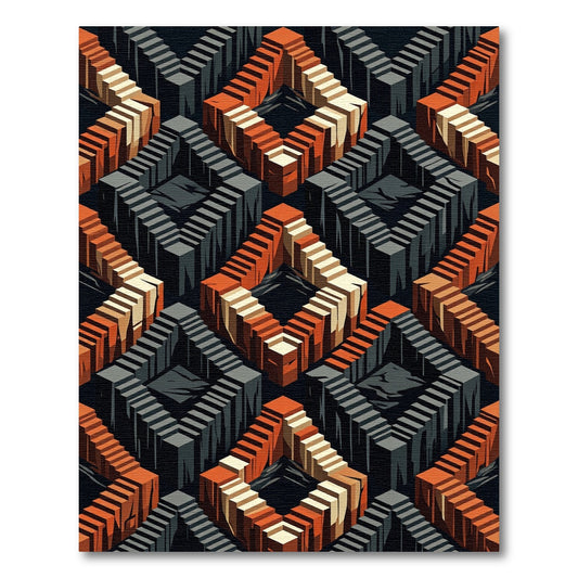 Isometric Orange Gray Cubic Maze Rug