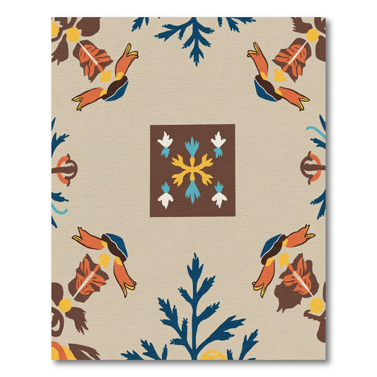 Brown Blue Orange Floral Tile Rug
