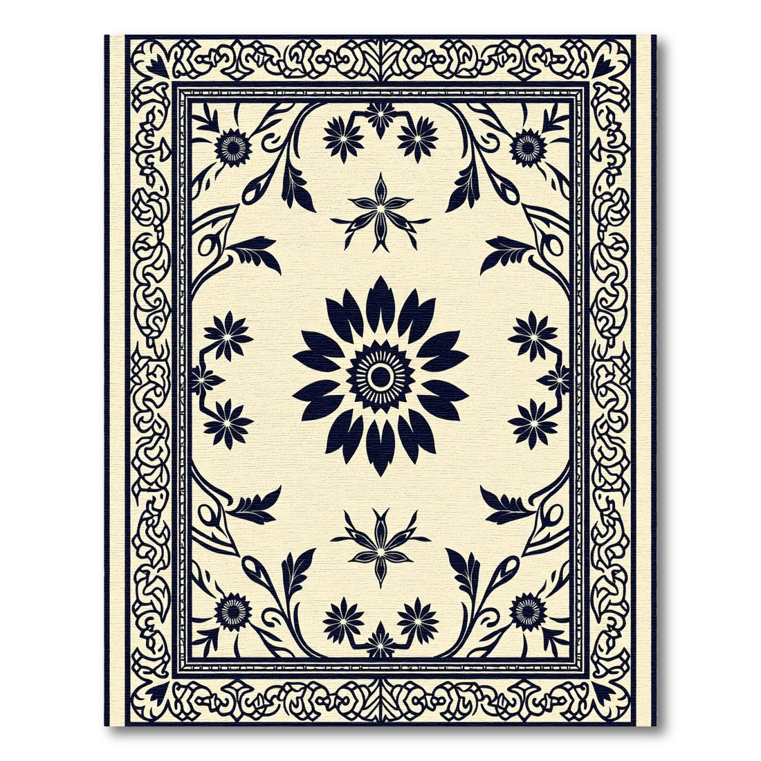 Navy Black Floral Medallion Border Rug