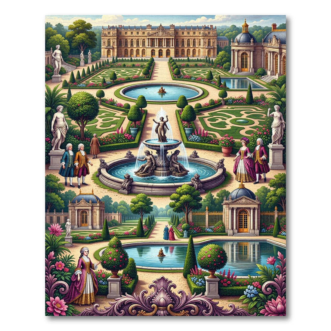 Baroque Garden Fountain Palace Scene Rug