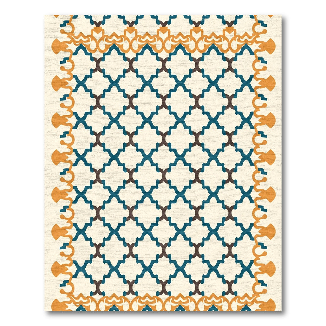 Teal Brown Quatrefoil Geometric Border Rug