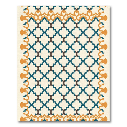 Teal Brown Quatrefoil Geometric Border Rug