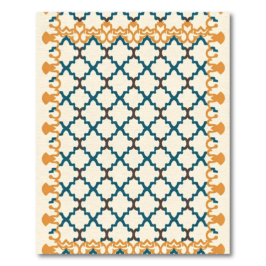 Teal Brown Quatrefoil Geometric Border Rug