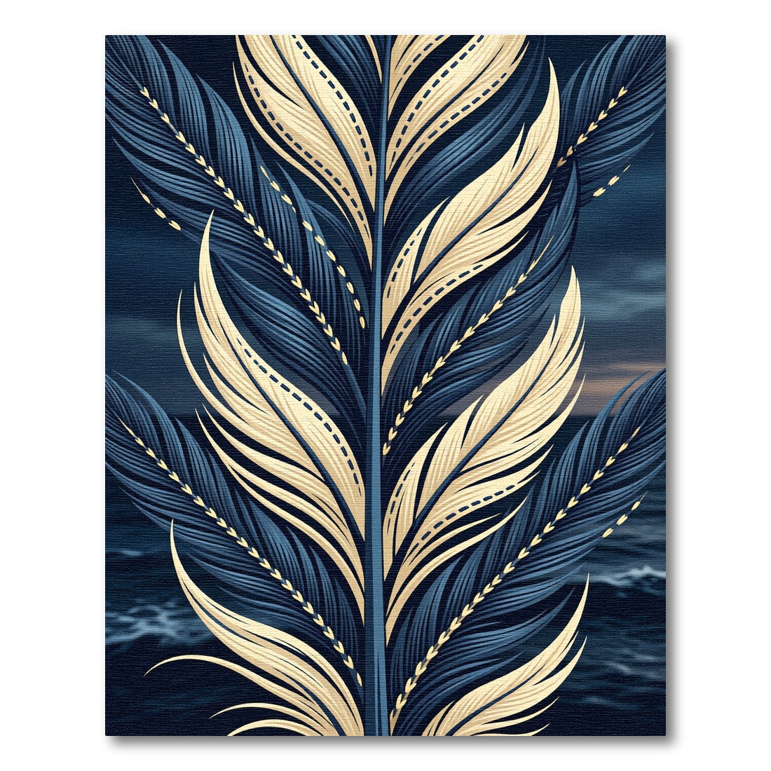 Golden Feather Navy Blue Symmetrical Art Rug