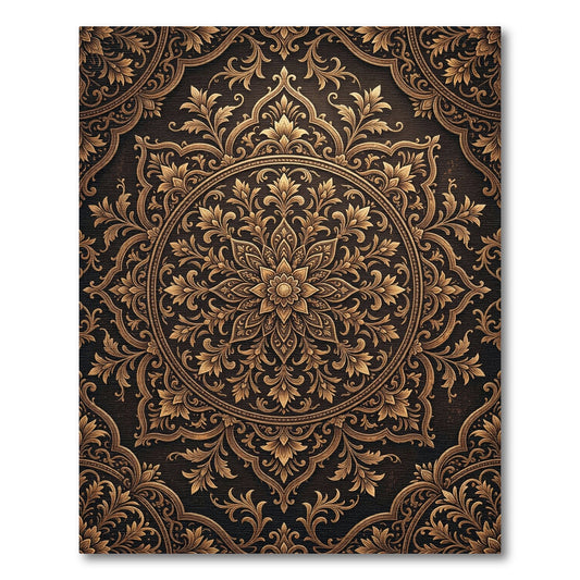 Ornate Golden Floral Mandala Scroll Rug