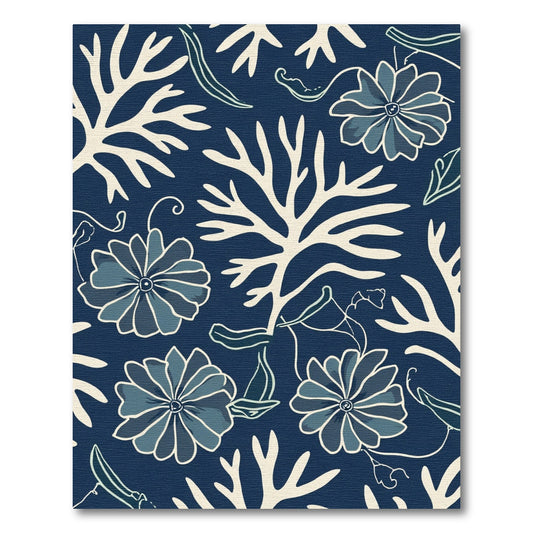 Navy Floral Branch Seaweed Rug
