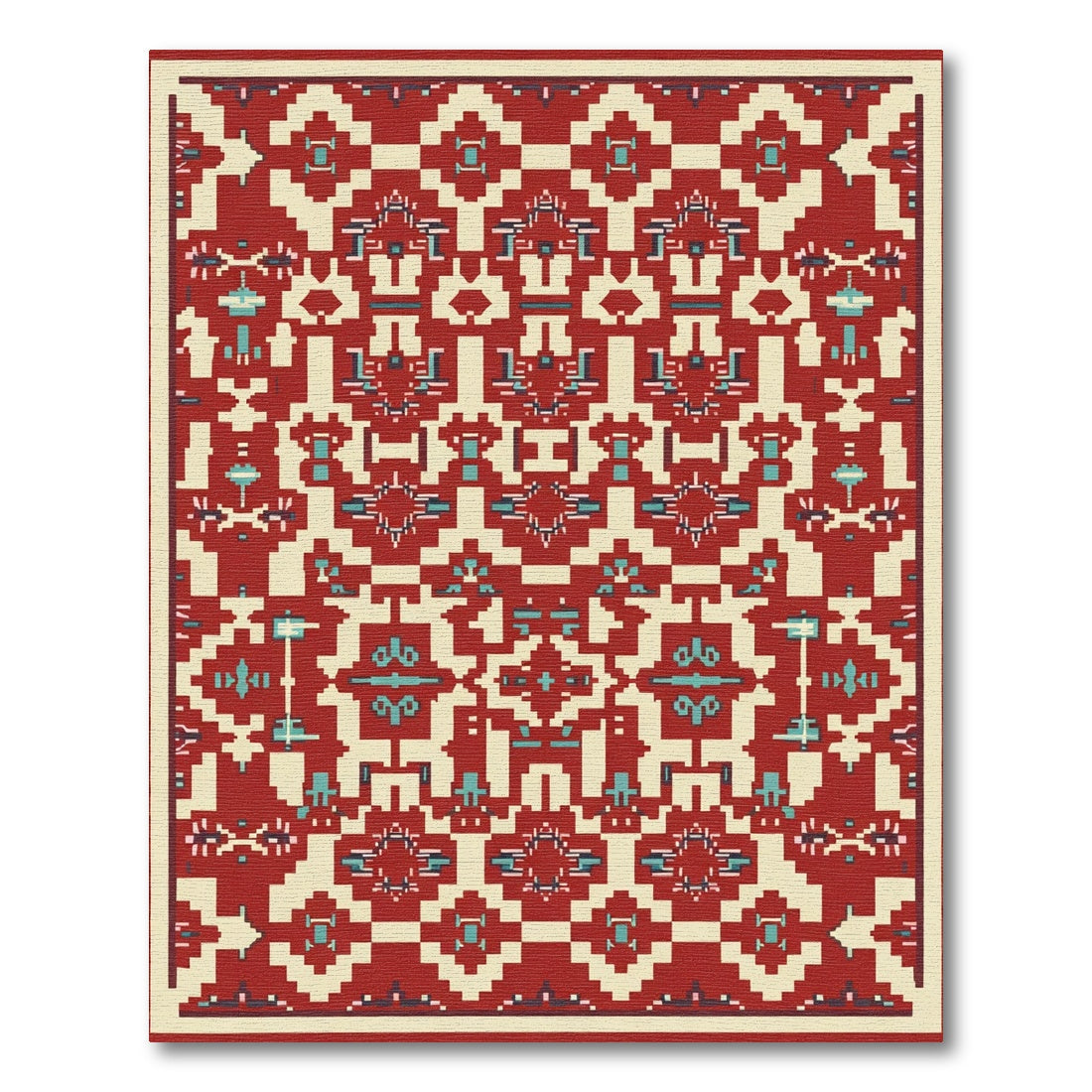 Folk Red Teal Geometric Square Medallion Rug