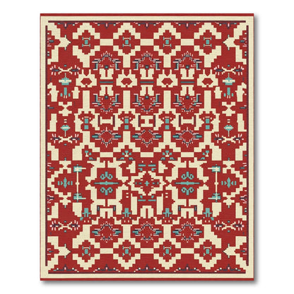 Folk Red Teal Geometric Square Medallion Rug