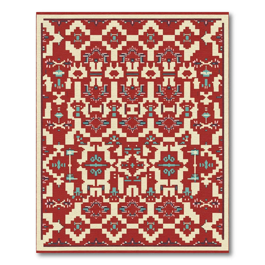 Folk Red Teal Geometric Square Medallion Rug