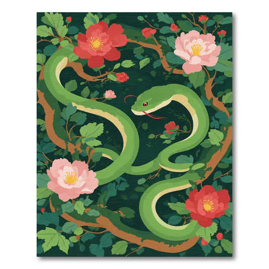 Emerald Serpent Amidst Pink Red Blossoms Rug