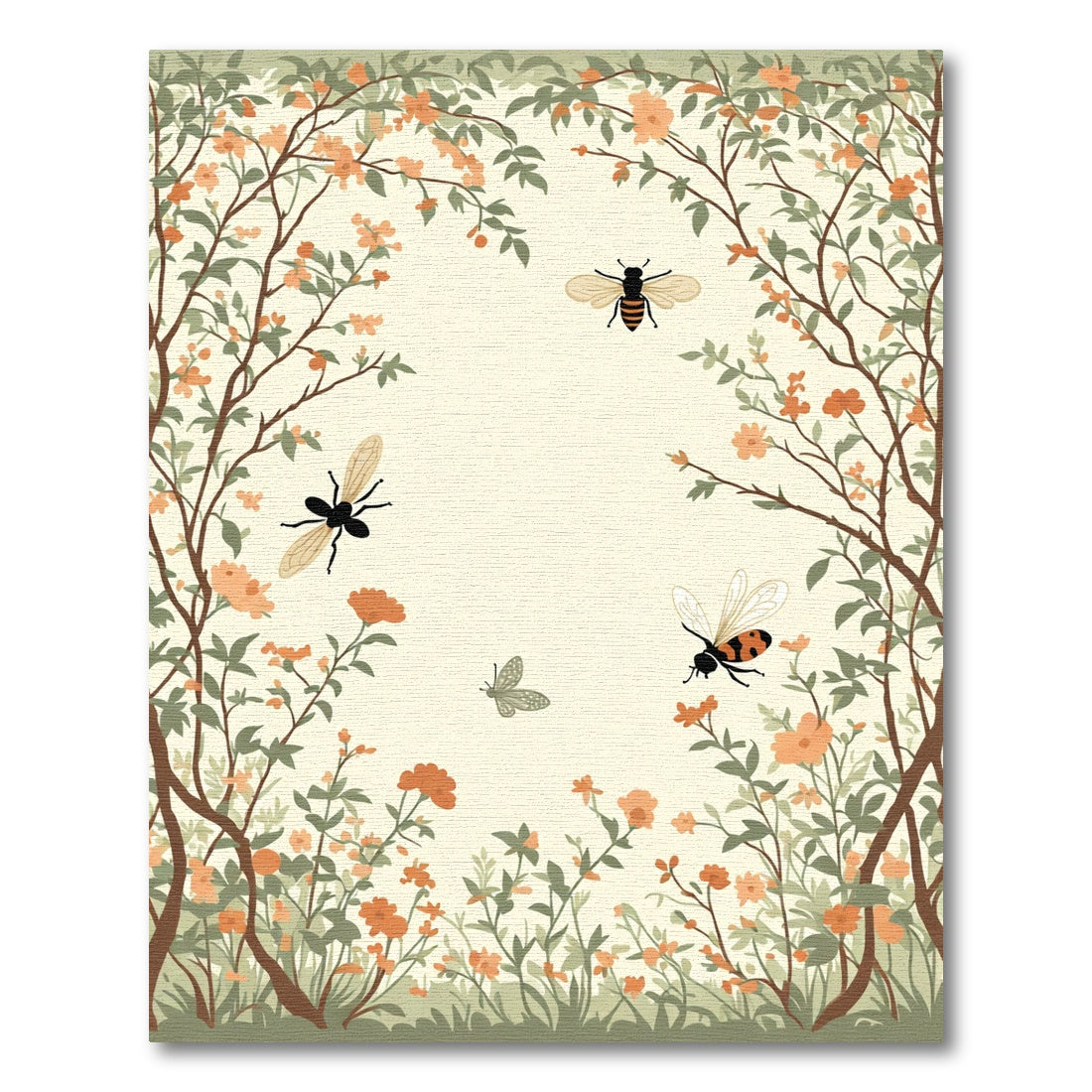 Whimsical Orange Blossom Garden Bees Rug