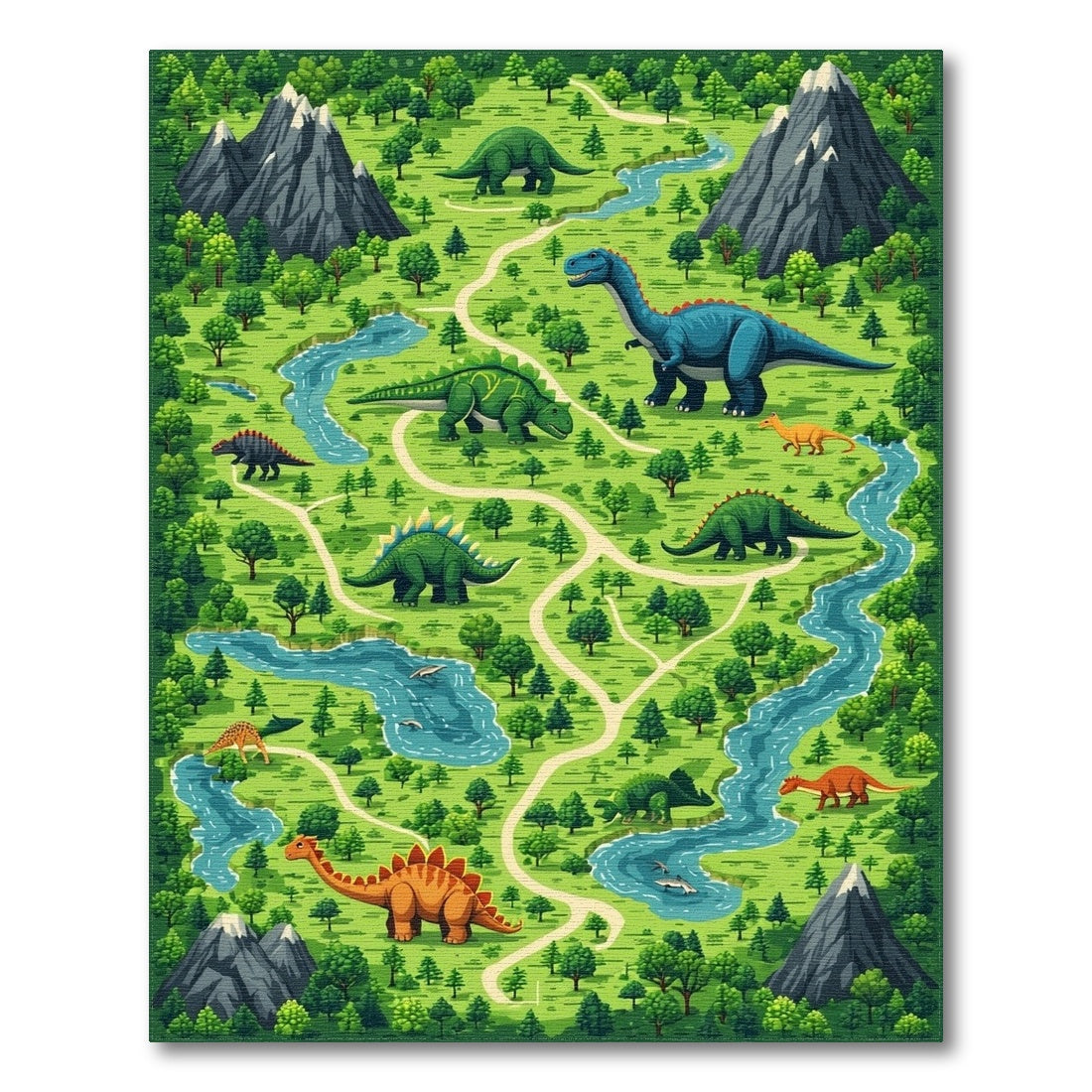 Whimsical Dinosaur Mountain Forest River Rug
