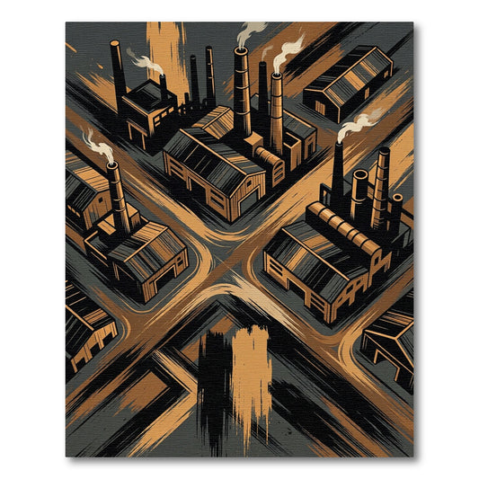 Industrial Charcoal and Amber Factory Landscape Rug