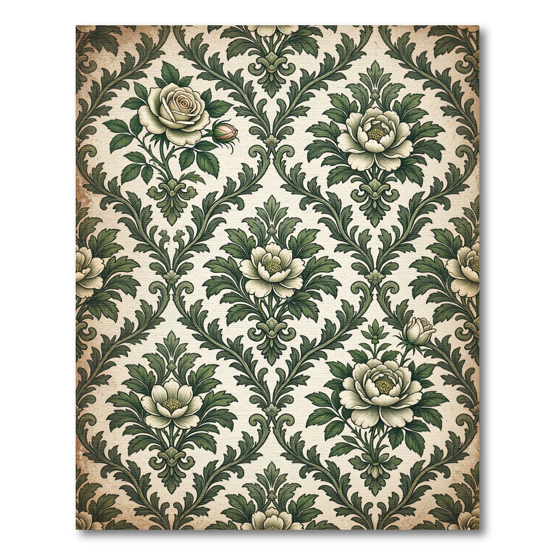 Victorian Cream and Olive Floral Damask Rug