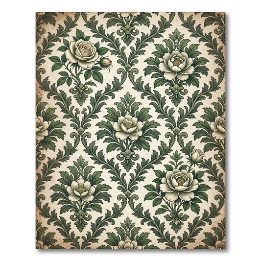 Victorian Cream and Olive Floral Damask Rug