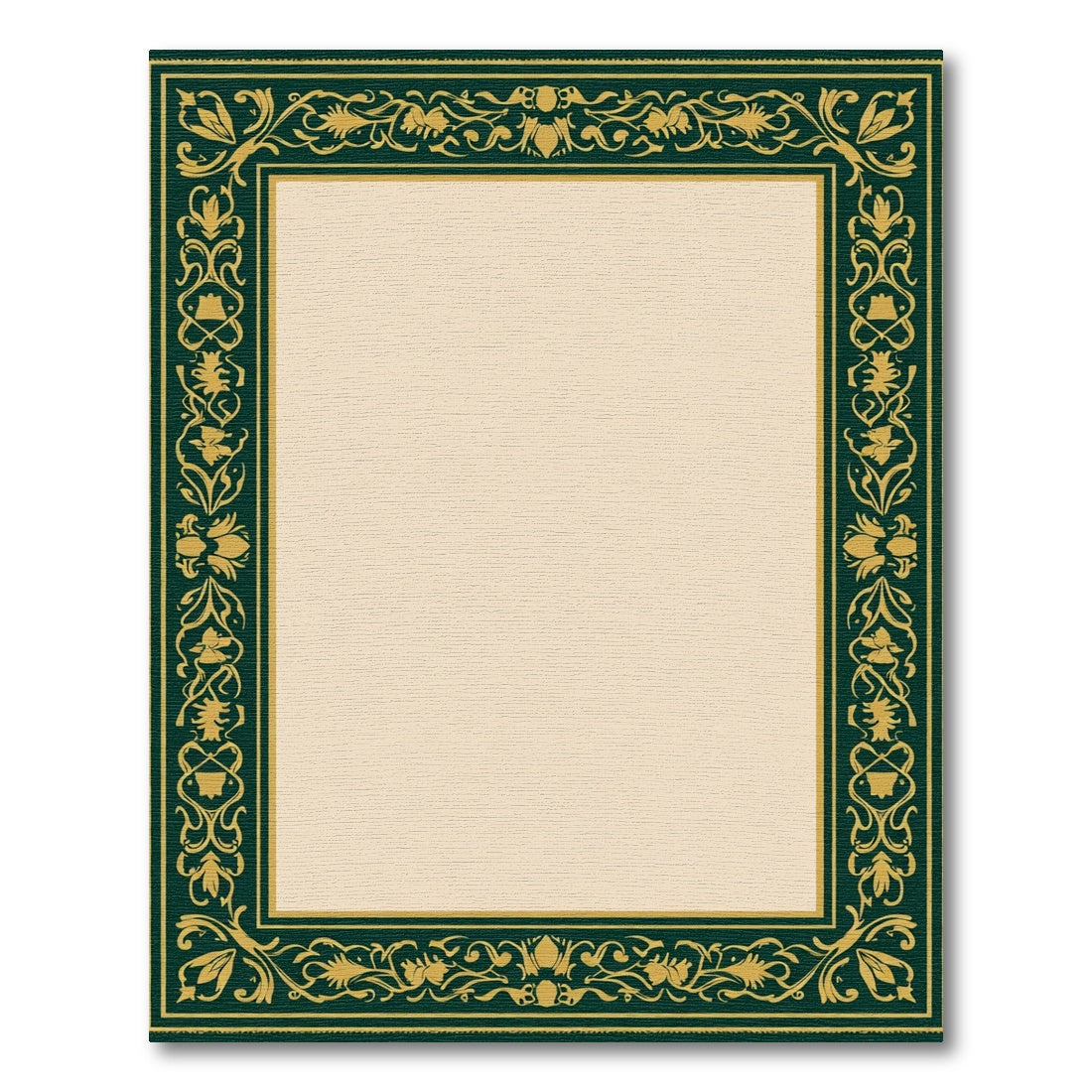 Dark Green Golden Floral Scroll Border Rug