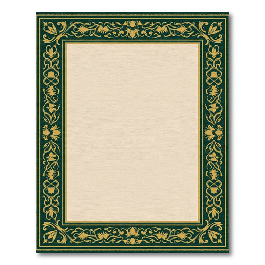 Dark Green Golden Floral Scroll Border Rug