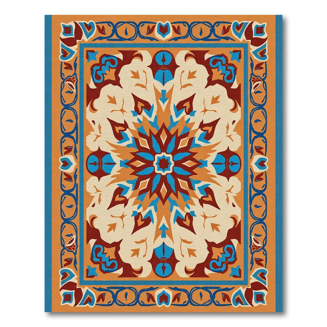 Orange Blue Medallion Geometric Border Rug