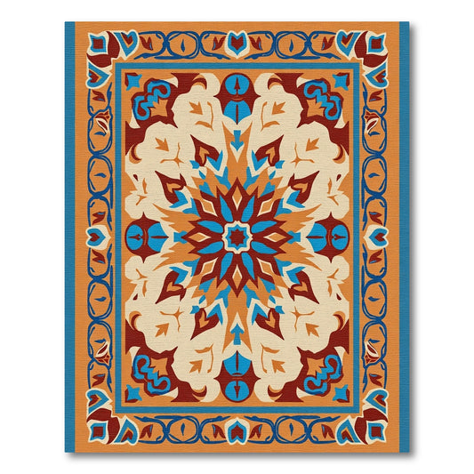 Orange Blue Medallion Geometric Border Rug