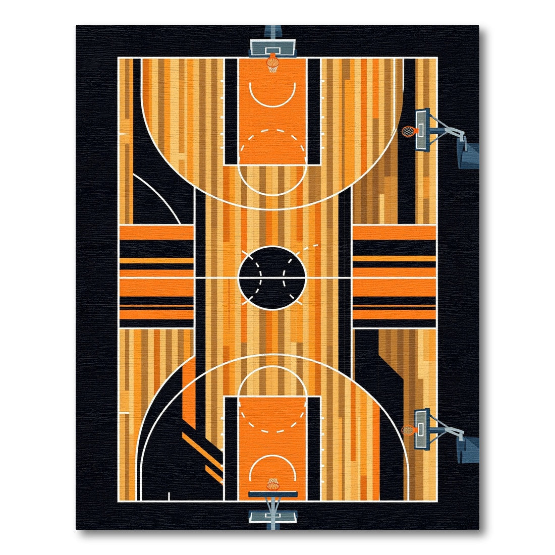 Modern Basketball Court Orange Black Graphic Rug