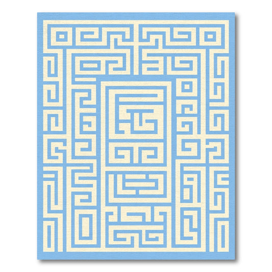 Cream Blue Geometric Maze Relief Rug