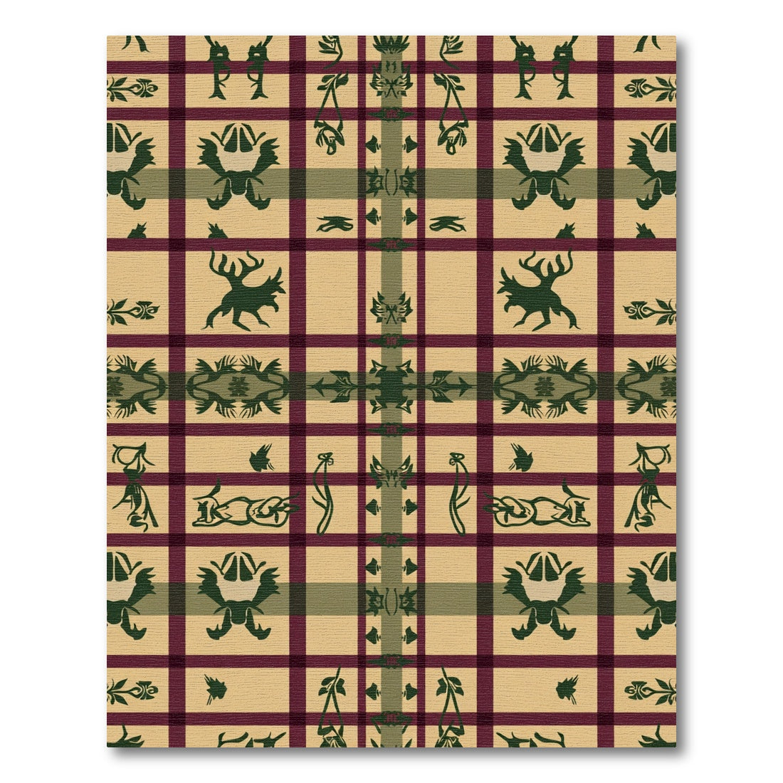 Crimson Plaid Folk Art Creatures Rug