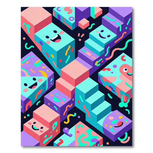 Playful Stacked Smiling Cubes Rug
