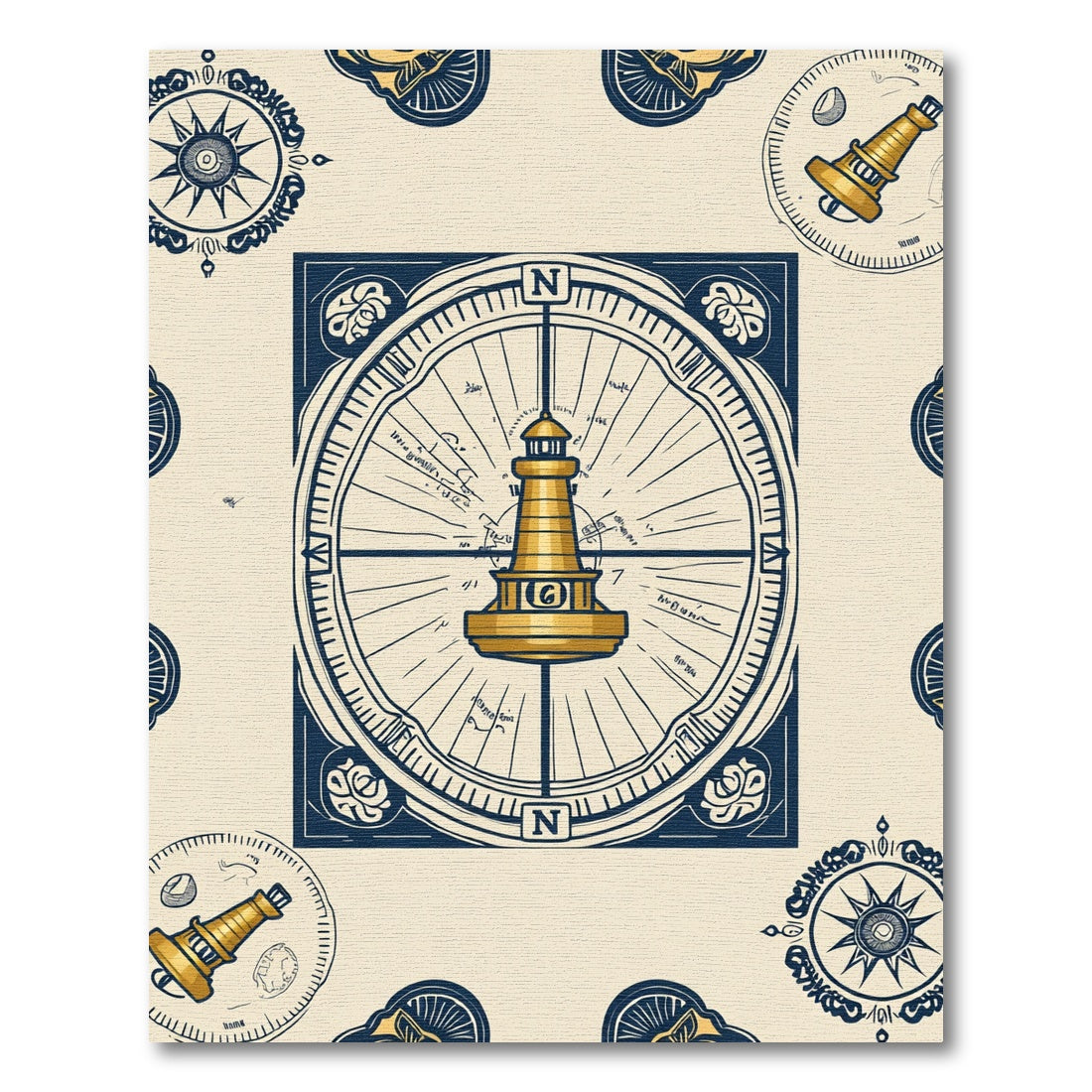 Nautical Gold Lighthouse Compass Rose Rug