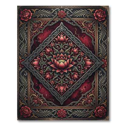 Ornate Crimson Lotus Diamond Medallion Rug