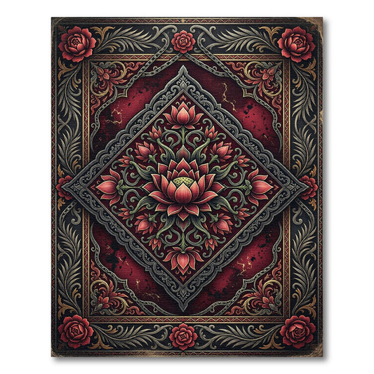 Ornate Crimson Lotus Diamond Medallion Rug