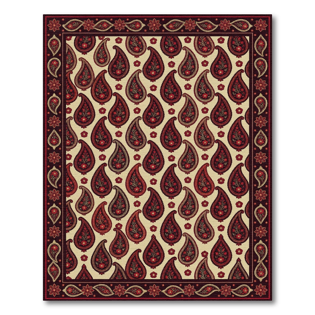 Dark Red Paisley Floral Medallion Border Rug