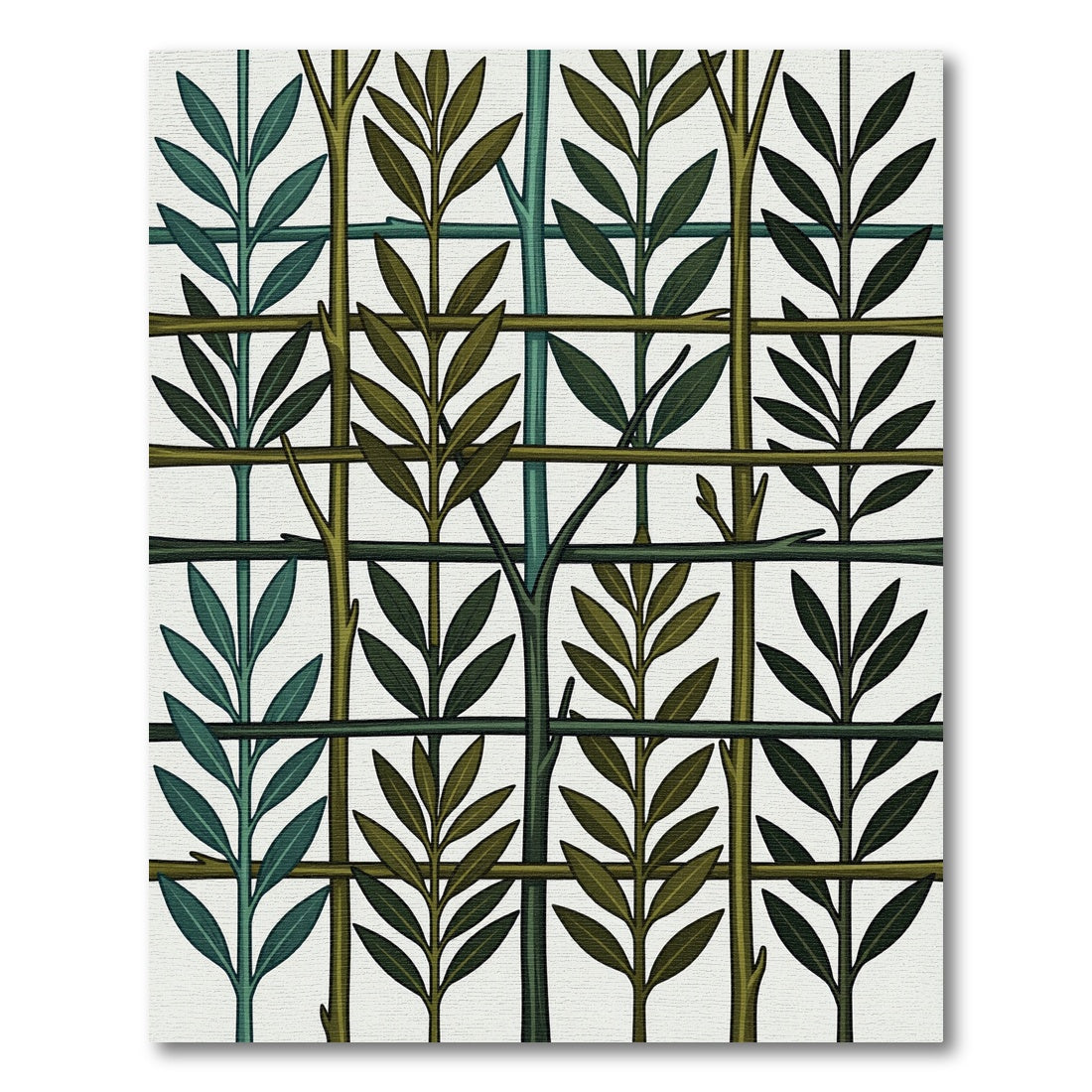 Green Leafy Branches Grid Rug