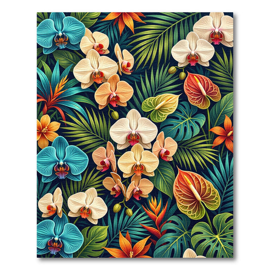Vibrant Tropical Orchid Leaf Composition Rug