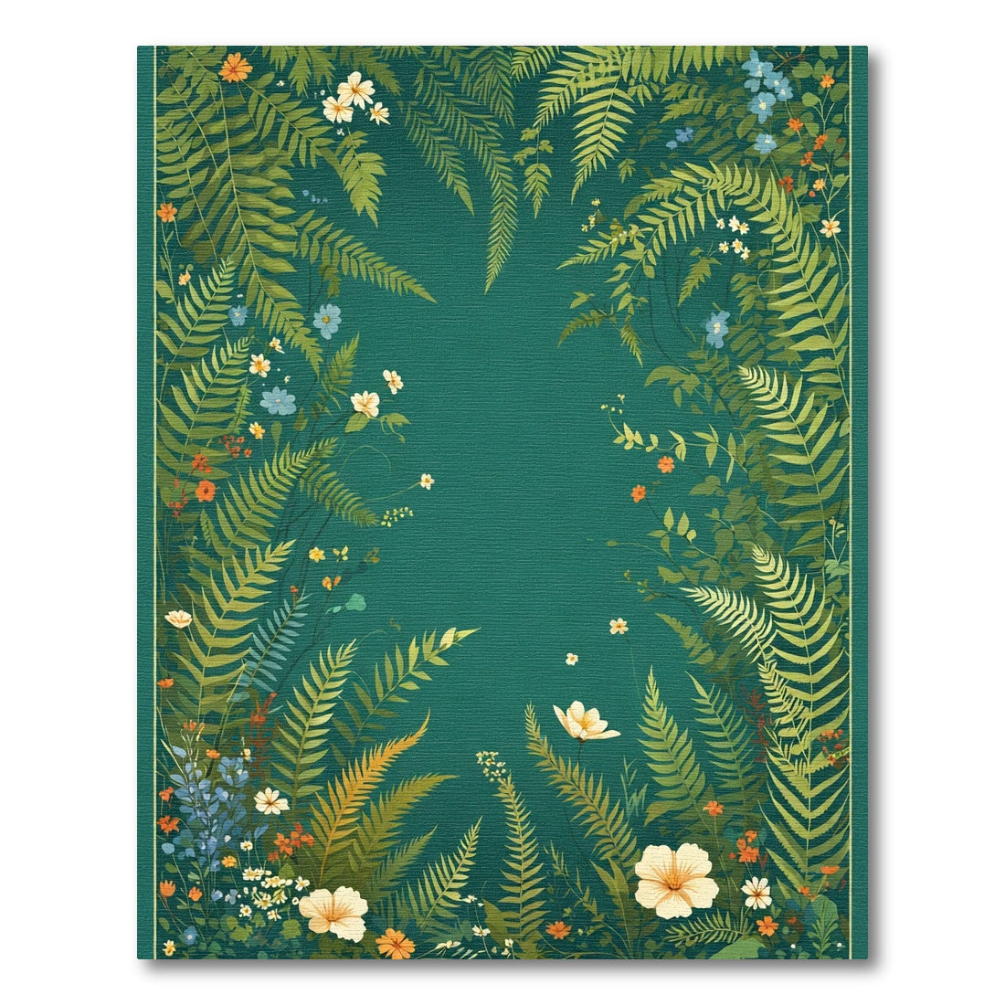 Lush Green Fern and Wildflower Scene Rug