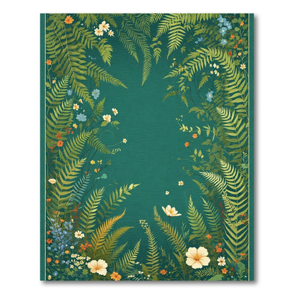 Lush Green Fern and Wildflower Scene Rug