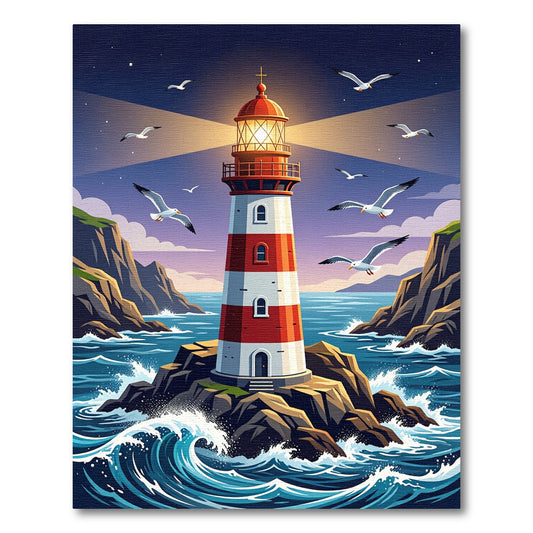 Coastal Red White Lighthouse Seagull Waves Rug