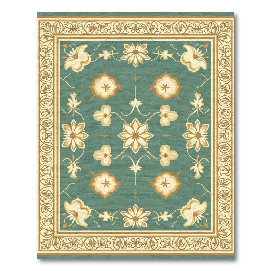 Golden Floral Border Teal Rug