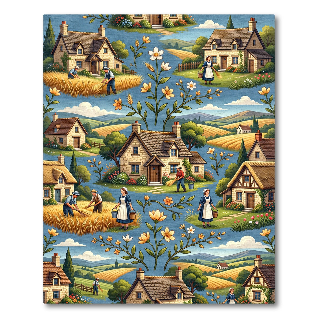 Pastoral Blue Cottage Wheat Field Rug