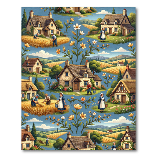 Pastoral Blue Cottage Wheat Field Rug