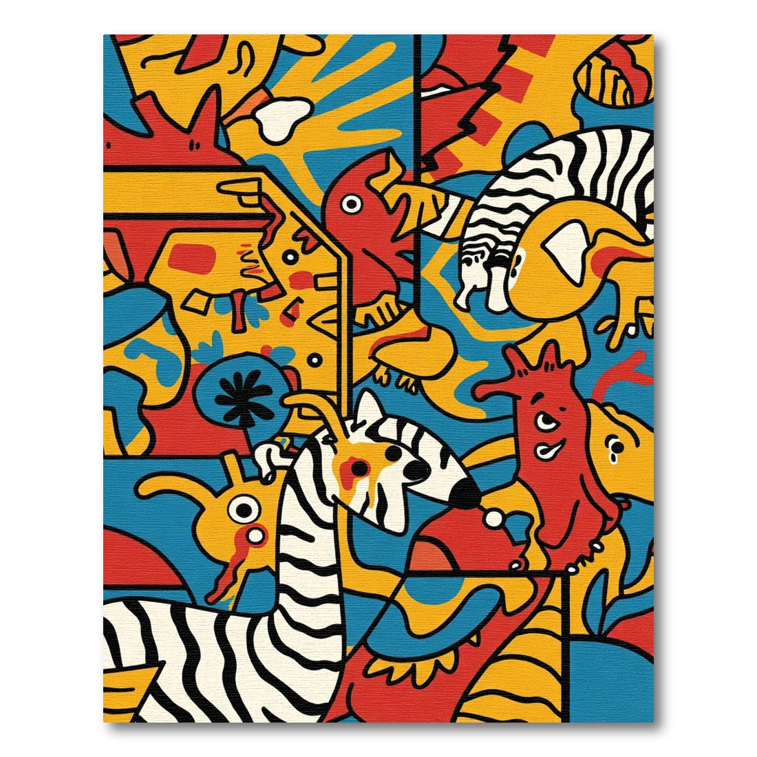 Whimsical Red Yellow Blue Animal Collage Rug