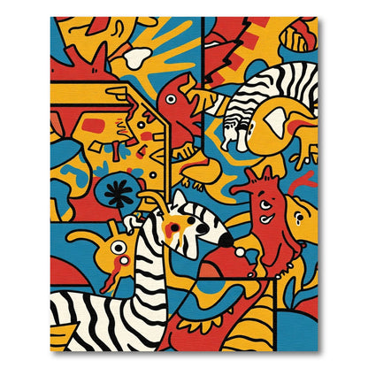 Whimsical Red Yellow Blue Animal Collage Rug