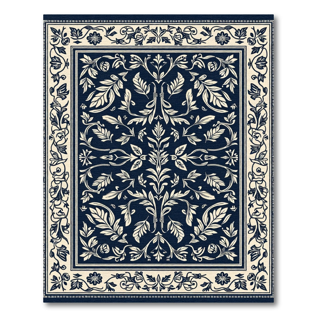 Navy Cream Damask Floral Scroll Rug