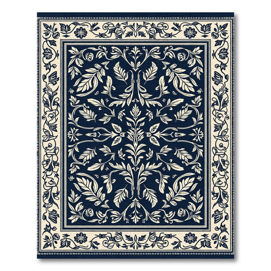 Navy Cream Damask Floral Scroll Rug
