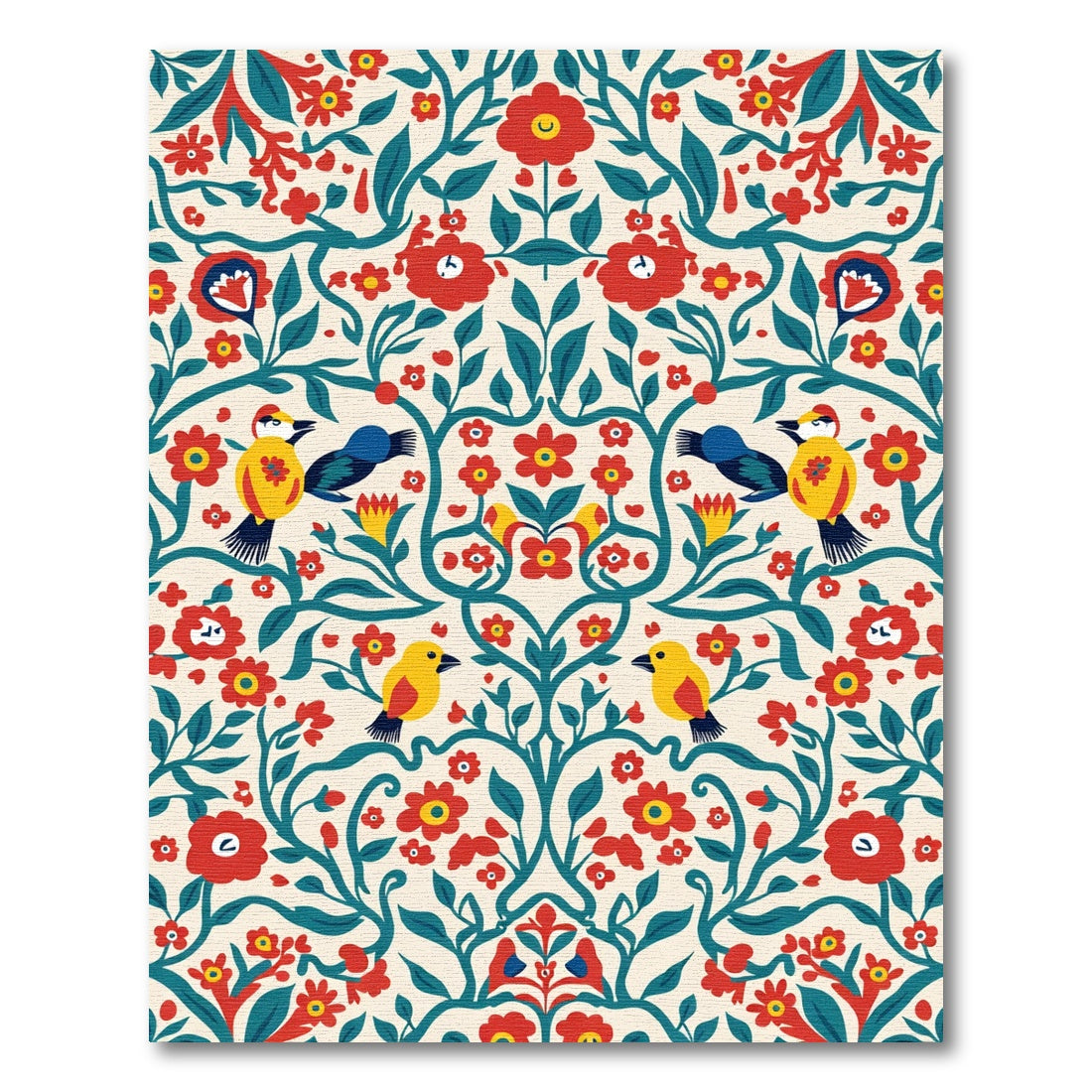 Folk Art Birds Red Floral Vine Rug